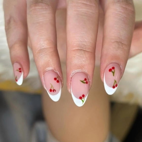JZROCKER Stylish French Styles Artificial Nails Short Press on Nails With Fruit Designs Almond Acrylic False Nails for Women 24Pc