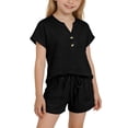 thumbnail image 5 of OGLCCG 2 Piece Outfits for Girls Summer Short Sleeve V Neck Henley Tops and Shorts Set Matching Vacation Beach Lounge Sets 4-14 Years, 5 of 7