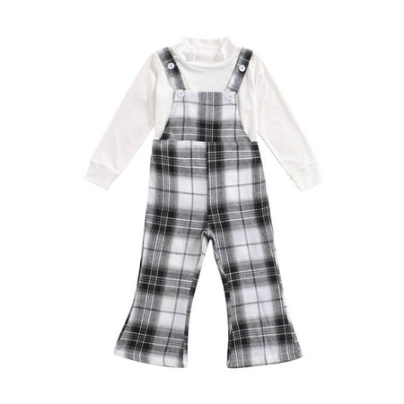 

Autumn 2Pcs Girl Outfit Fashion Solid Color Top Long Sleeve T-Shirt Plaid V-Neck Suspenders Pants
