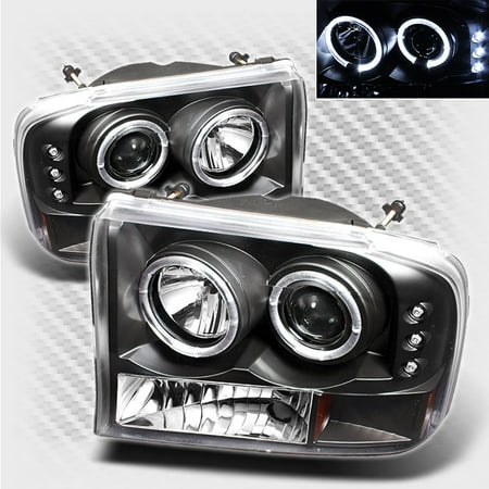 - 1999-2004 F250 / F350 / F450 / F550 Black Housing Twin Halo LED Projector Headlights Pair L+R 2000 2001 2002 2003