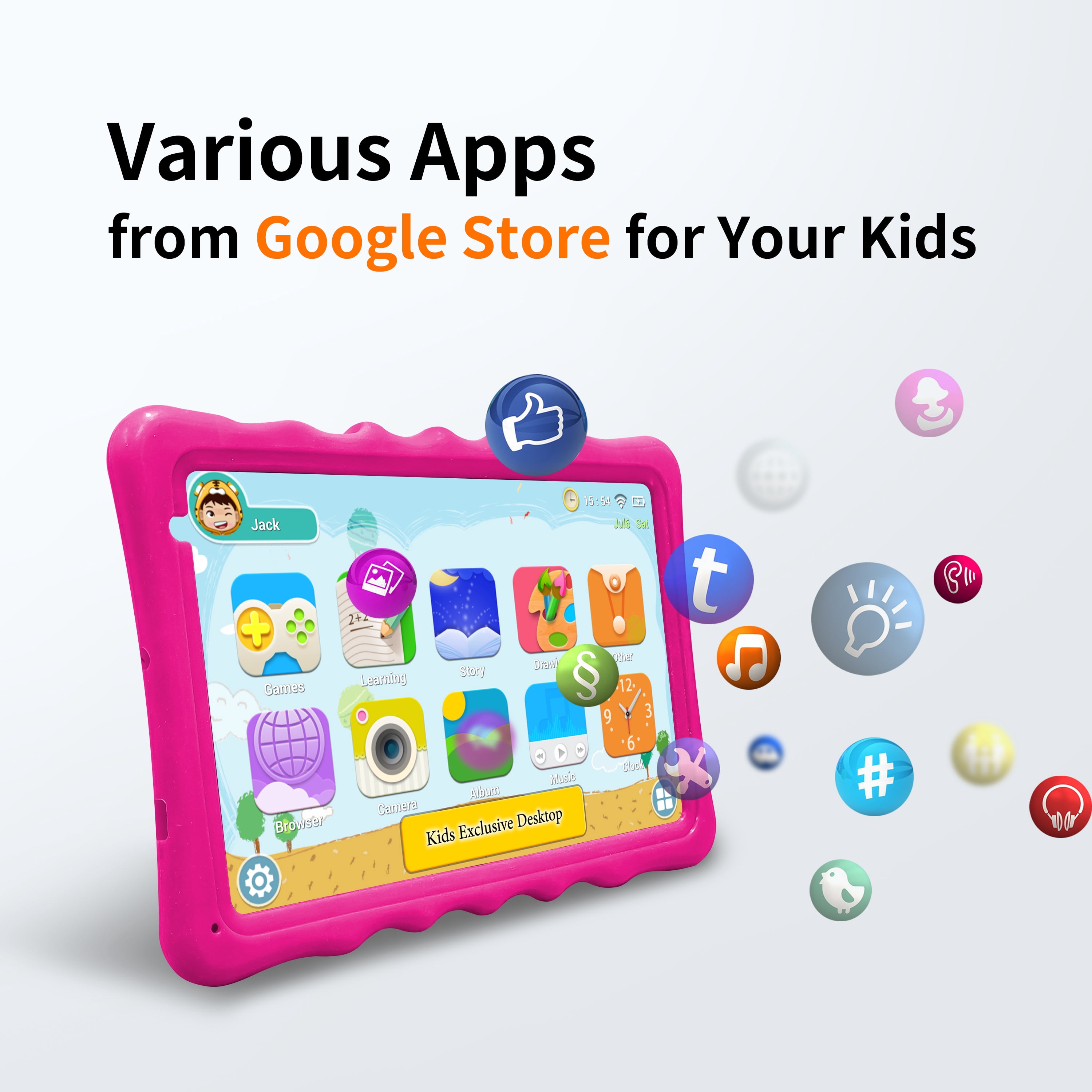 BYYBUO A70W 10.1 in Kids Parental Controls Tablet, 64GB, Android 13, Wi-Fi Bluetooth, Pink