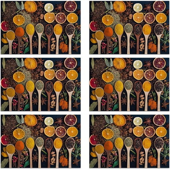 Placemats, Colorful Spices Placemats 12x18 Inch Waterproof Non-Slip Washable Table Mats for Kitchen Dining Party Table Decor,Set of 6