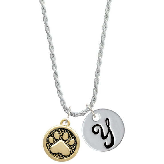 Delight Jewelry Goldtone Paw in Circle Silvertone Script Initial Disc - Y - Charm Necklace, 20"+3"