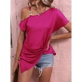thumbnail image 2 of Camiseta de un solo hombro con hebilla para mujer, camisa con cuello de madeja, manga corta básica versátil, Tops irregulares para mujer, 2 of 5