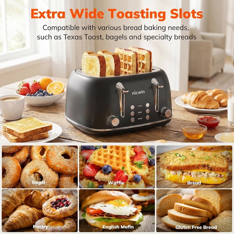 NICWIN 4-Slice Toaster, Extra-Wide Slots, Black photo 6