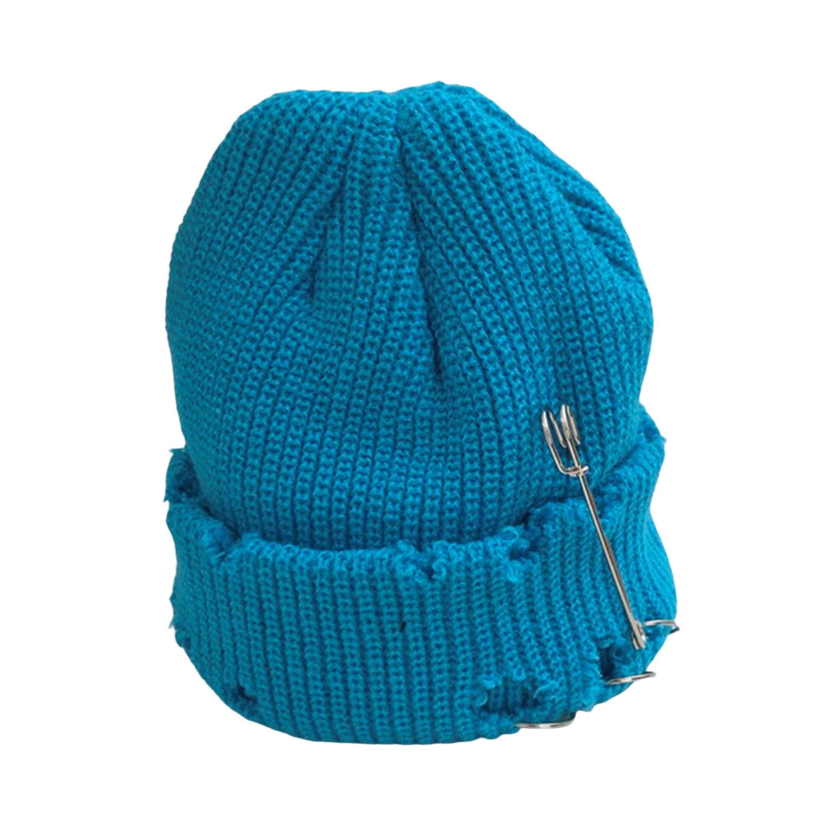 Opolski Women Men Bonnet Stretch Brimless Solid Color Knitted Unisex Keep Warm Metal Ring Decor Hip Hop Ripped Men Winter Hat for Daily Wear Yellow