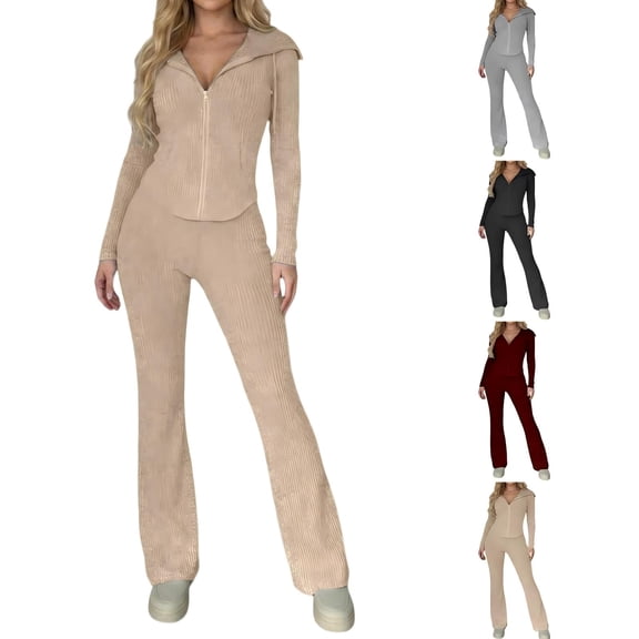 Tqcoqu Women's 2 Piece Ribbed Knit Outfit,Zip Up Hooded Long Sleeve Jacket & High Waist Flare Pants,Slim Casual Fall Winter Tracksuit Set for Women,Beige Women's S-XL