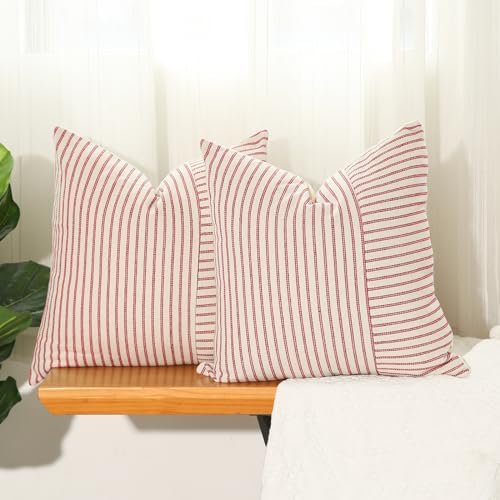 Kunmingshisd Toys Fundas de almohada navideñas de 18 x 18, juego de 2 fundas de almohada rojas, fundas de almohada decorativas de lino a rayas para sofá, silla, ropa de cama, decoraciones navideñas de
