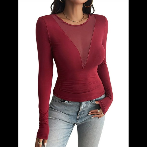 Camisas Ajustadas de Larga de con Cuello en V Profundo para Mujer, Moda Y2K 2025 Vino Tinto L