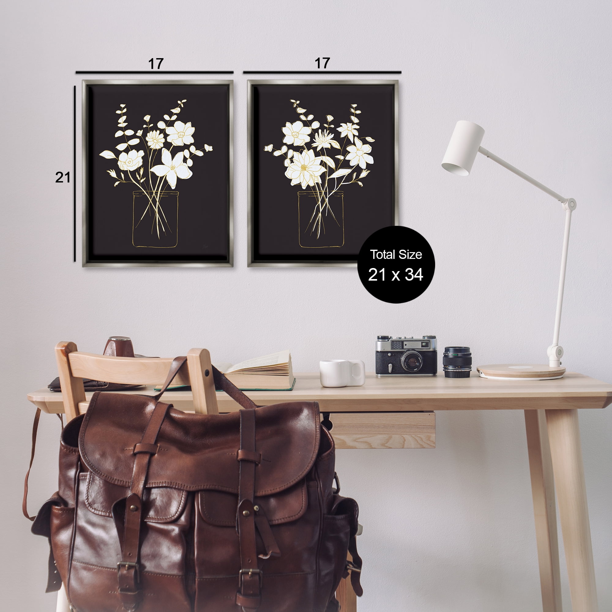 Stupell Industries Minimalist Flower Sketch in Jar Plants & Flowers Painting Gray Floater Framed Canvas Art Print Wall Art, 17 x 21, Set of 2