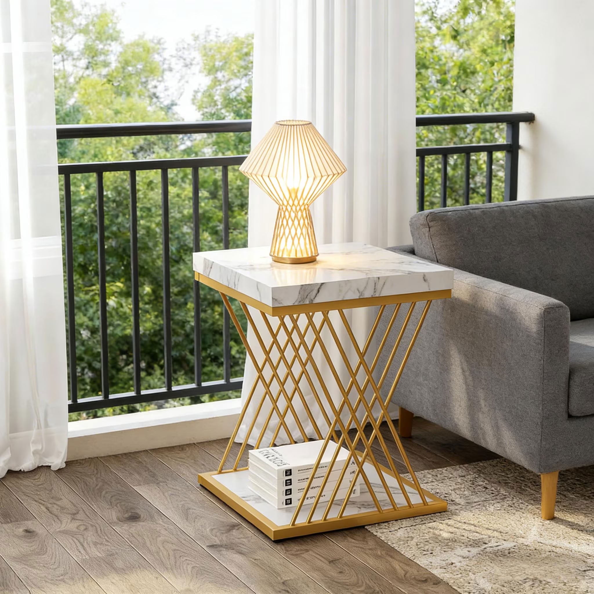 MAYEERTY 2-Tier Square End Table, Modern Gold Metal Side Table with Faux Marble Top, for Living Room, Bedroom