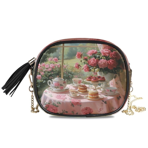 Womens Casual Chain Shoulder Bag Simple style Tea Set with Roses Crossbody Bag