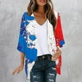 thumbnail image 2 of UVEASISHA Womens 4th of July Kimono 3/4 Sleeve Plus Size Cardigans for Women American Flag Distressed Print Cardigan Jacket Open Front Casual Beach Coverups Multicolor S, 2 of 6