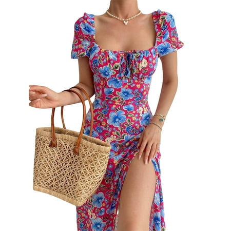

Huakaishijie Women Short Puff Sleeve Floral Dresses Square Neck Split One-pieces