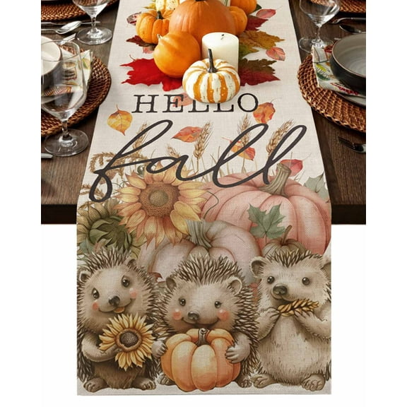 Table Runner Dresser Scarves 70 Inch Long, Fall Thanksgiving Hedgehog Pumpkin Linen Dining Table Runners Sunflower Leaves on Flax Tabletop Scarf for Wedding Holiday Party Kitchen