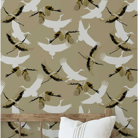 S4Sassy Peel & Stick Vinyl Wallpaper, Chic Flying Cranes Wallpaper Contact Paper Waterproof - Green, 25"x60", Textured Removable Wall Covering for Bedrooms & Living Areas, Renter Spaces, Cabinets