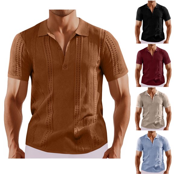 Xunlbb Men's Shirts Mens Dress Shirts Men Button Up Spring Fall Short Sleeved V-neck Knitted Breathable Elastic Hollow Top on Clearance, S-2XL