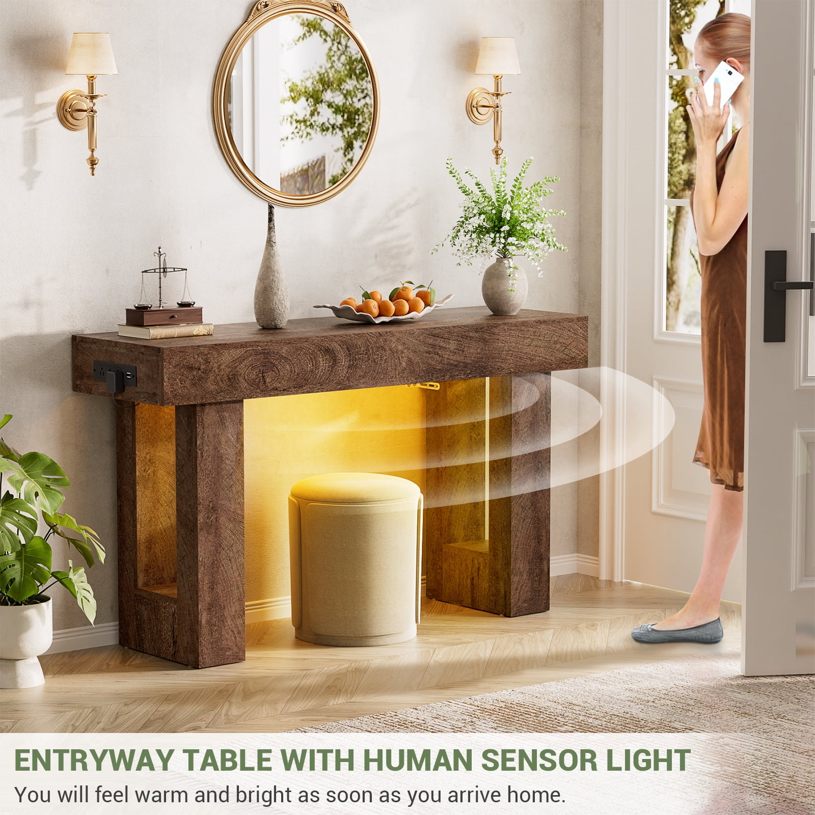 Homieasy 47" Console Table with Socket & Sensor Light, Narrow Entryway Table with Storage for Hallway/Living Room, Farmhouse Style in Rustic Oak