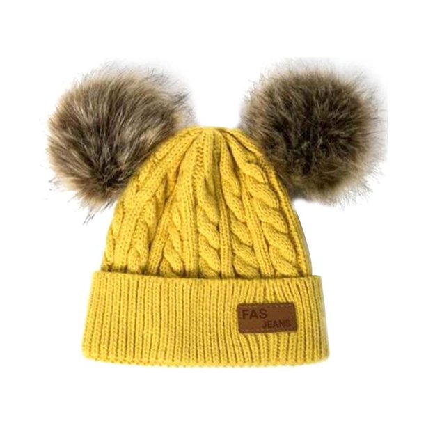 EeaseMX Gorro de punto con pompón doble para niños y niñas, cálido, de ganchillo, para otoño e invierno (amarillo)