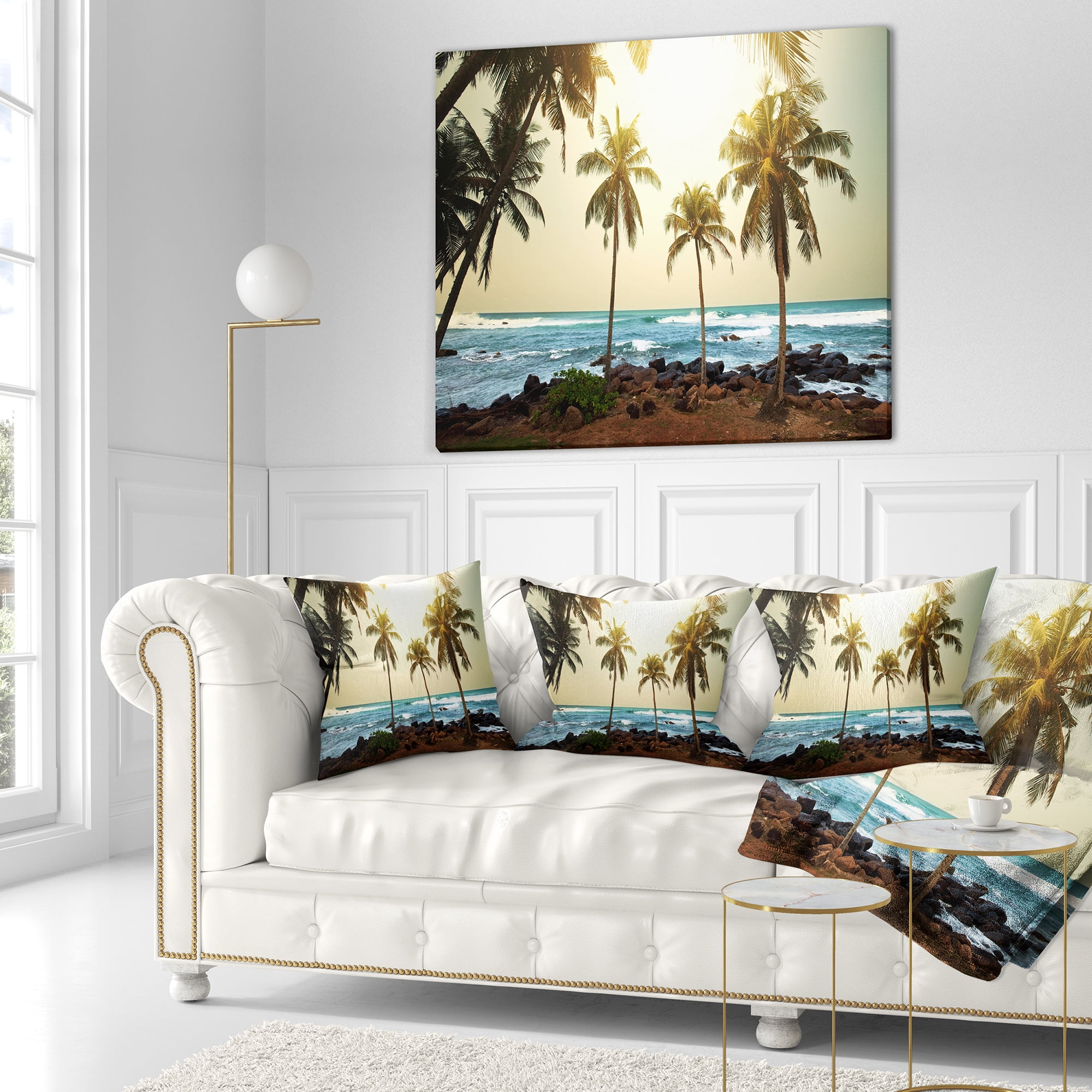 Designart Rocky Tropical Beach with Palms - Seashore Throw Pillow - 16x16