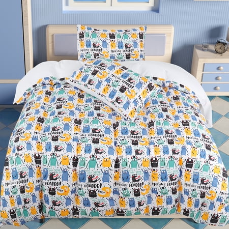 REGALWOVEN 3 Piece Polyester Kids Duvet Cover Set Monsters Pattern Full Multicolor