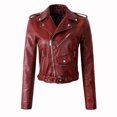 thumbnail image 2 of Joernso Women Jacket Faux Leather Smooth Surface Turn-down Collar Zip-up Zipper And Rivet Decor Long Sleeves Motorcycle Coat Travel Outerwear, 2 of 8