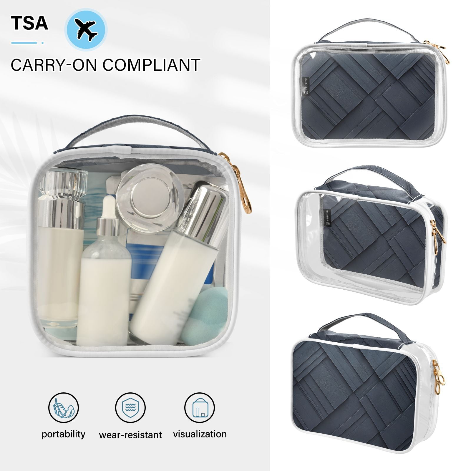Clear Makeup Bags with Handle Large Opening 2 Pack Set Toiletry Bag Quart Size Bag, for Women Man Traveling Travel Essentials, Toiletries and Other. Dark Black Pattern