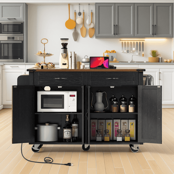 MAYEERTY 53.5" Rolling Farmhouse Kitchen Storage Island with Power Outlet for Home, Black