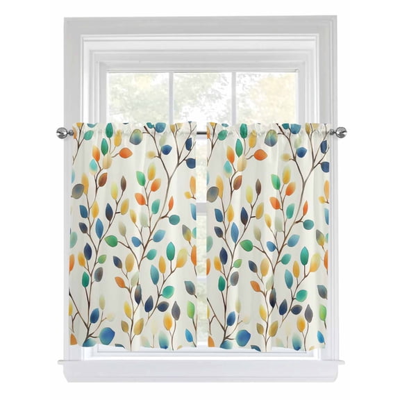 Tier Curtains 45 Inches Long, Colorful Leaf Window Treatment Curtain Drapes, Spring Vintage Botanical Summer Window Half Privacy Curtains for Bedroom Bathroom, 42"x45", 2 Panels