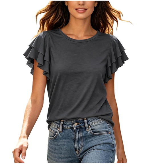 Admvng Womens Scoop Neck Casual Tops Ruffle Short Sleeve Summer Loose Fit Blouses