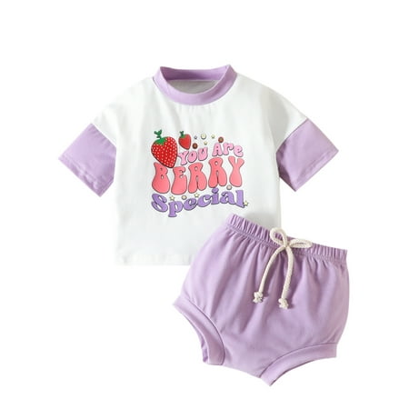 

Glonme Toddler Tops + Shorts Crew Neck Summer Outfits Short Sleeve 2Pcs Outfit Suit Home Soft Loose Elastic Waist Purple 100cm
