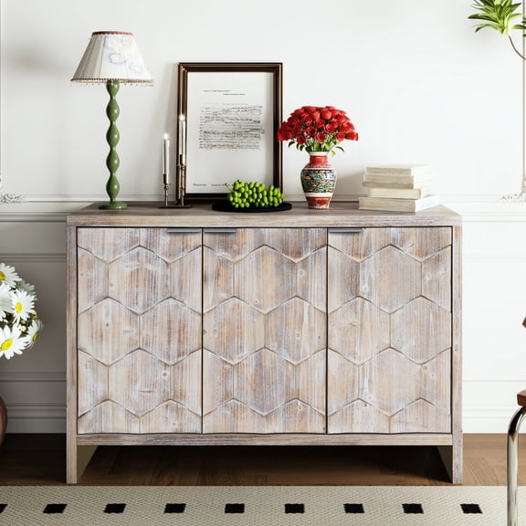 Farmhouse 3 Door Accent Cabinet, Three - Height Shelves - Meets Storage Needs in Office