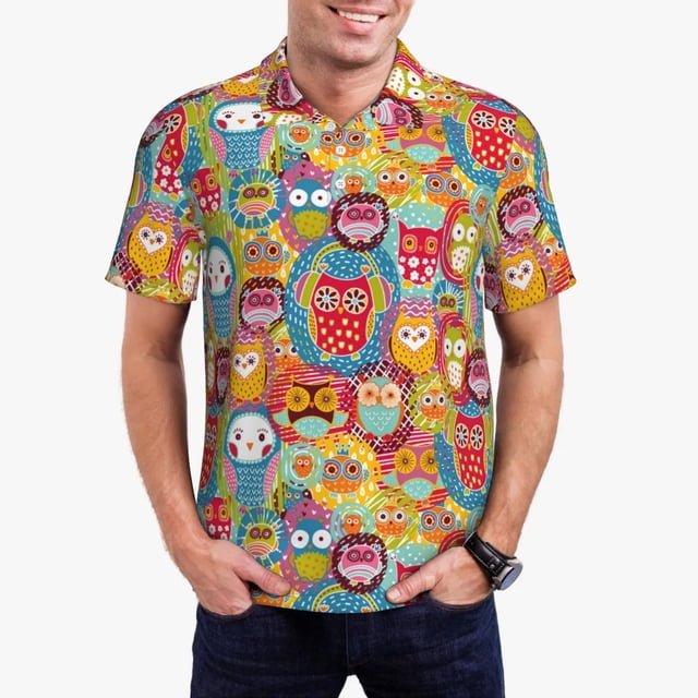 Lsque Boho Cute Owls Pattern Golf Shirts for Men Dry Fit Print Moisture Wicking Performance Short Sleeve Polo Shirt-3X-Large
