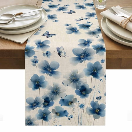 Navy Blue Floral Table Runner - 36 Inch Long Kitchen Dining Table Runner Dresser Scarves Spring Flowers Rustic Butterfly Farmhouse Decor for Coffee Tables Wedding Party Banquet