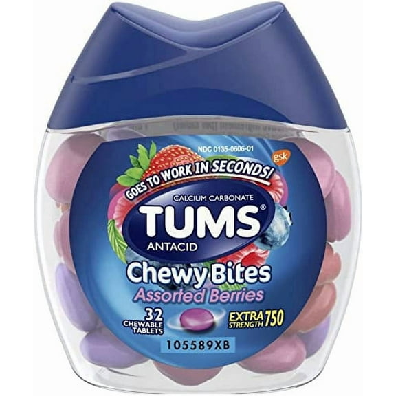 32 Count (1 Package) TUMS Chewy Tablets Assorted Berries, Extra Strength - Chewable Antacid - Goes to Work in Seconds