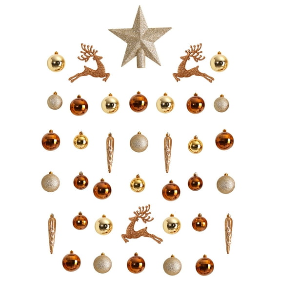 Nearly Natural Gold Plastic Holiday Christmas Lux Shatterproof Ornament Set, 40 Count