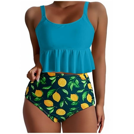 Taqqpue Beach Vacation Swim Suits for Women 2025 Tankini Swimsuits High Waisted Bikini Sets Two Piece Swimsuits Tummy Control Bottun Ruffled Flounce Tops Scoop Neck Cheeky Bathing Suits