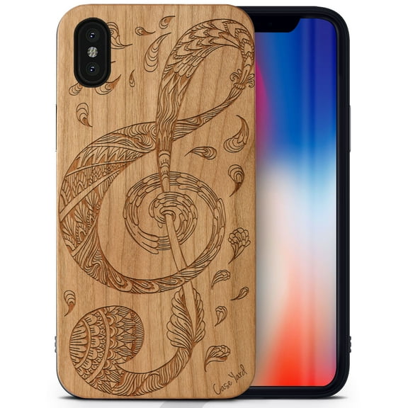 Case Yard Wooden Case Outside Soft TPU Silicone, Slim Fit Shockproof Wood Protective Phone Cover for Girls Boys Men and Women, Supports Wireless Charging Floral Music Key Design case for iPhone-XS-Max