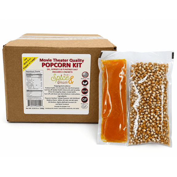Home Theater All in One Popcorn Kit - Portion Packets with Kernels, Oil and Flavored Salt - Pack of 4