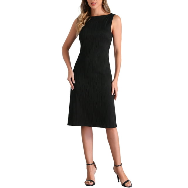 Vestido sin mangas de corte ajustado para mujer, cuello barco, texturizado, casual, de oficina, color negro