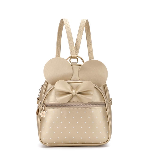 Mochila KL928 para niñas con forma de lazo y lunares, minipiel sintética, dorada