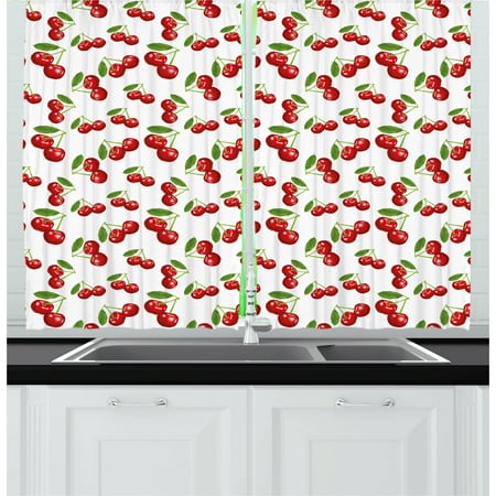 Kitchen Curtains 2 Panels Set, Cherry Pattern Design Fresh Berry Fruit Summer Garden Macro Digital Print, Window Drapes for Living Room Bedroom, 55W X 39L Inches, Red Green and White, by
