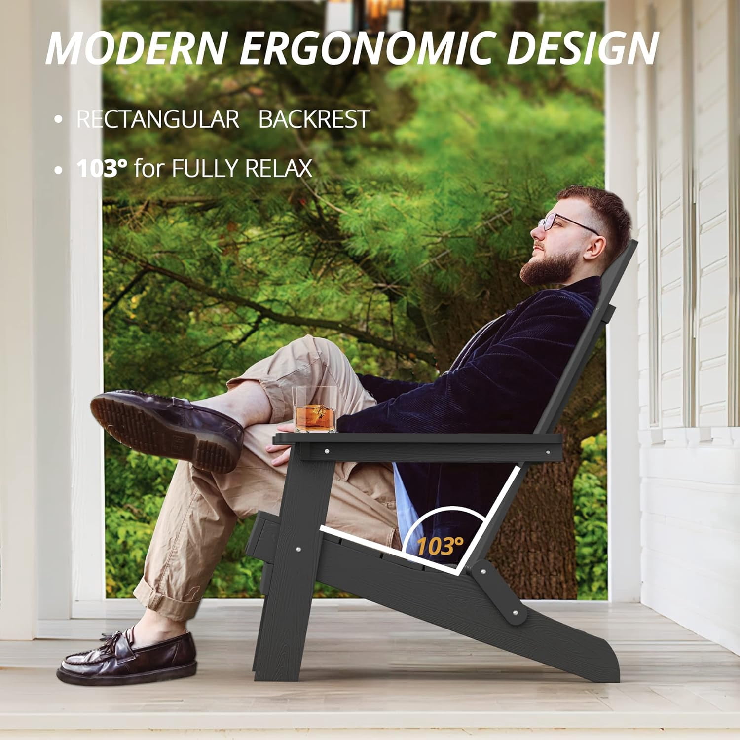 Dycanpo Folding Adirondack Chair, Hdps Poly Modern Outdoor Chair Weather Resistant,300lbs,Black