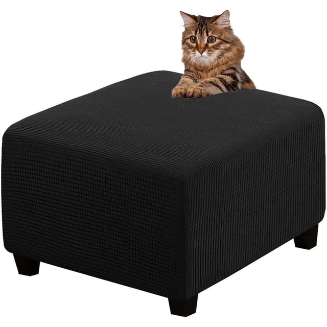 Ottoman Cover Slipcovers Square Fit Length 13"-44" Footrest, Stool Covers, Ottoman Protector Cover, Footstool Covers with Stretch Thick Checked with Elastic Bottom, Removable Washable(Black,XL(67-84cm