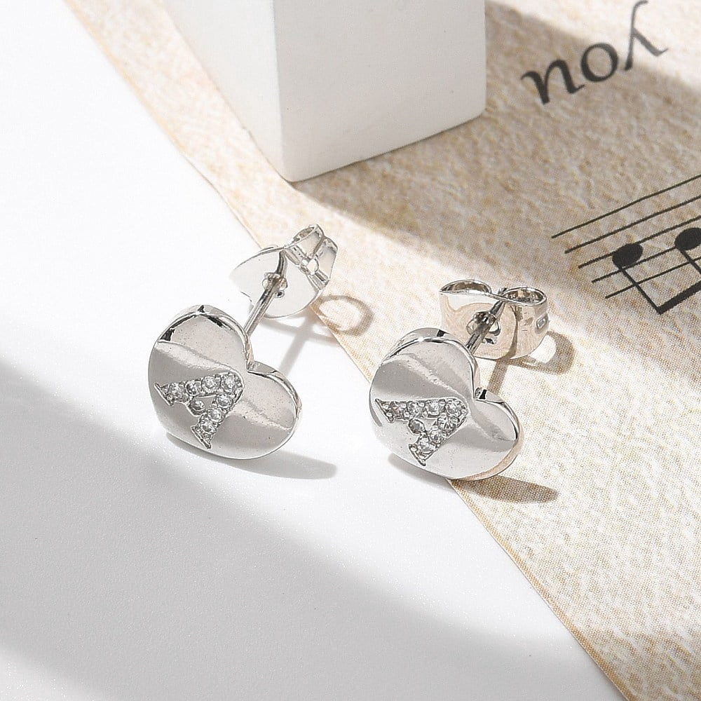 Rack Plating Brass Micro Pave Clear Cubic Zirconia Stud Earrings Heart with Letter A~Z Platinum 8.5x9.5mm