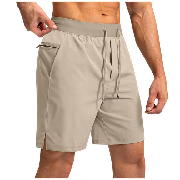 JSKUMAR Men's Running Shorts with Zipper Pockets Lightweight Drawstring Waist Comfy Shorts for Outdoor Running Sports Athletic Gym Khaki|XL