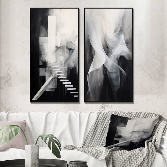 Designart "Ascending Stairways Minimal Black and White" Abstract Painting Framed Wall Art Set Of 2 - Modern Black Frame Gallery Set For Office Decor