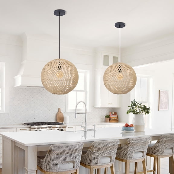 UEEYAC Round Rattan Pendant Light, Handwoven Globe Wicker Ceiling Lamp for Dining Room