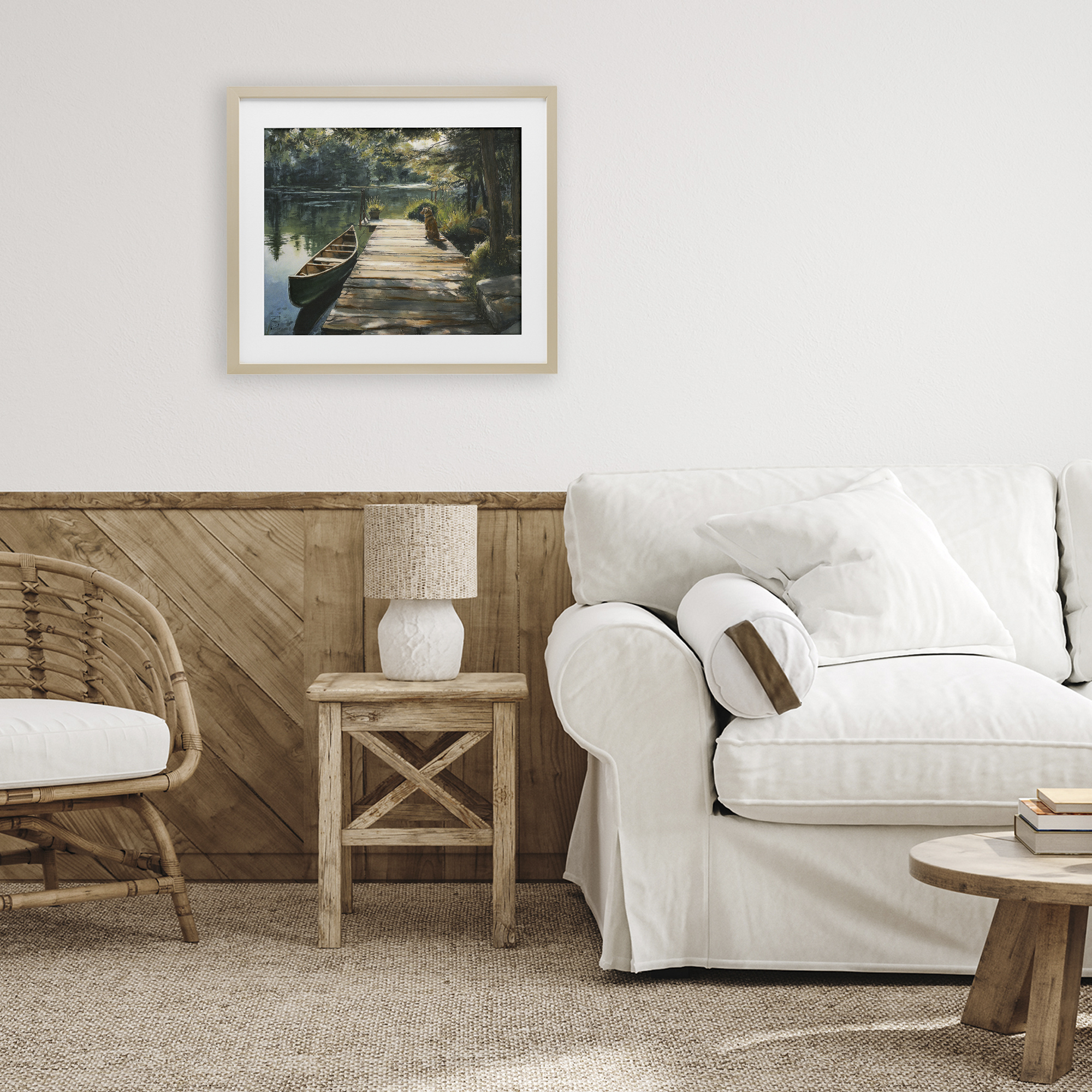 Lake Life Dog on Dock Birch Framed Print Under Glass, design by Sara Culpepper