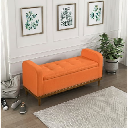 Bedroom Mid-century Modern Storage Bench With Orange Upholstered Lift Top Solid Wood Walnut Finish Top